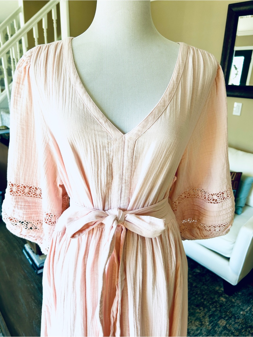 Caslon Pink Cotton Gauze Maxi Dress Puff Sleeve Crochet Lace Pintuck XL NWT - Picture 8 of 16